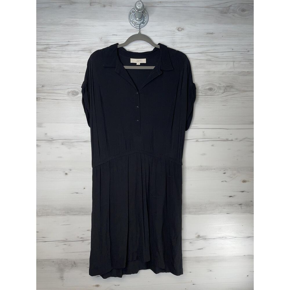 LOFT Dress Womens 14 Black Collared Short Sleeve Button Rayon Midi‎ Flowy Casual